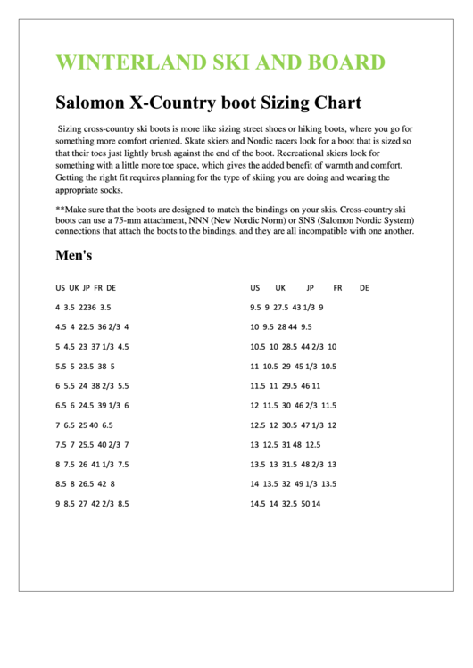 Salomon X-Country Boot Sizing Chart Printable pdf