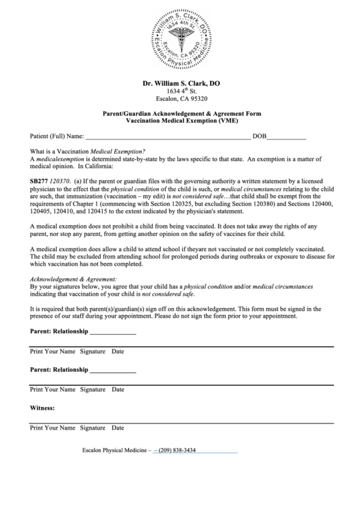 Parent/guardian Acknowledgement & Agreement Form Vaccination Medical Exemption (Vme) Printable pdf