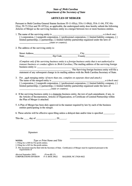 Form Be-15 - Articles Of Merger Printable pdf