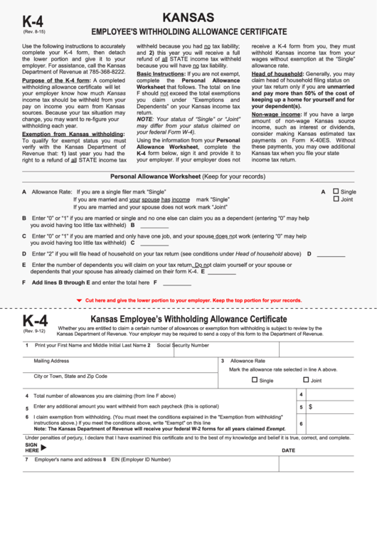 Fillable Form K4 Kansas Employee'S Withholding Allowance Certificate