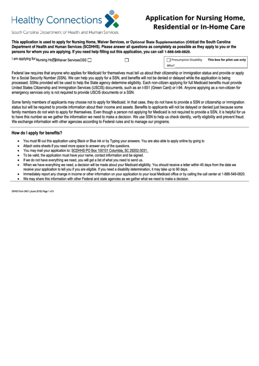 Fillable Dhhs Form 3401 - Application For Nursing Home, Residential Or In-Home Care Printable pdf