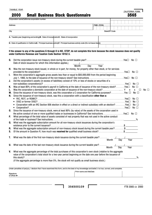 Fillable California Form 3565 - Small Business Stock Questionnaire - 2000 Printable pdf