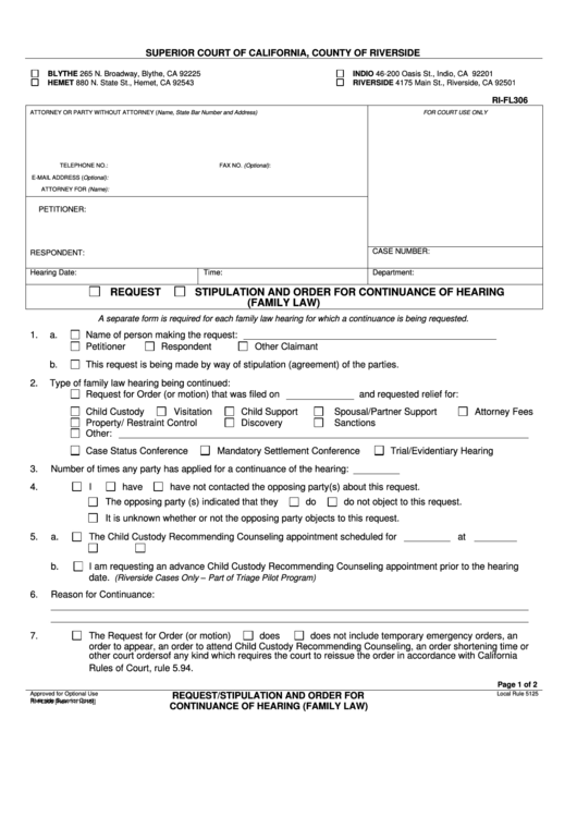 Fillable Form Ri-Fl306 - Request/stipulation And Order For Continuance Of Hearing (Family Law) Printable pdf