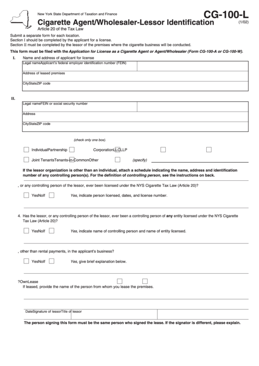 Form Cg-100-L - Cigarette Agent / Wholesaler-Lessor Identification Printable pdf
