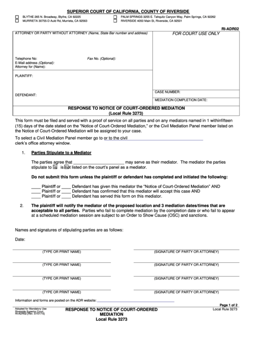 Fillable Form Ri-Adr02 - Response To Notice Of Court-Ordered Mediation (Local Rule 3273) Printable pdf