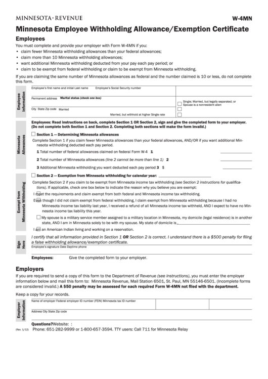 Fillable Form W4mn Minnesota Employee Withholding Allowance