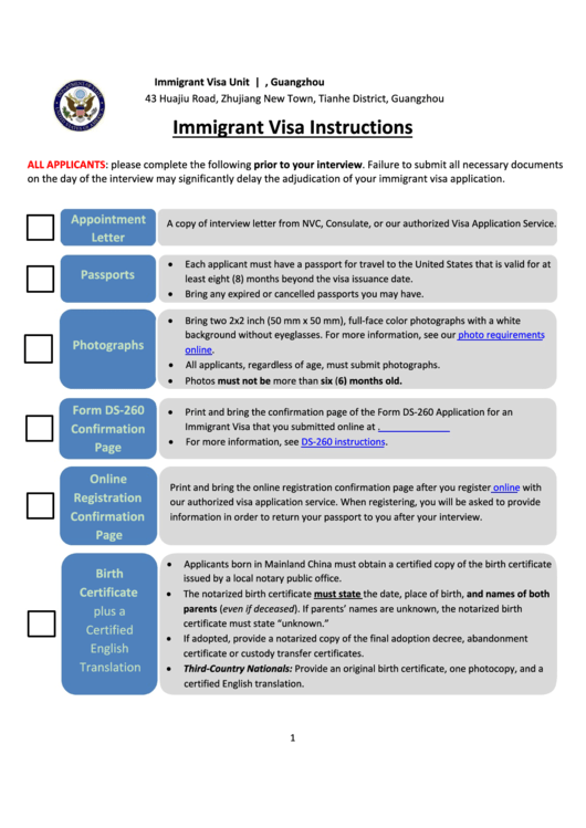 Immigrant Visa Instructions - U.s. Consulate General, Guangzhou Printable pdf