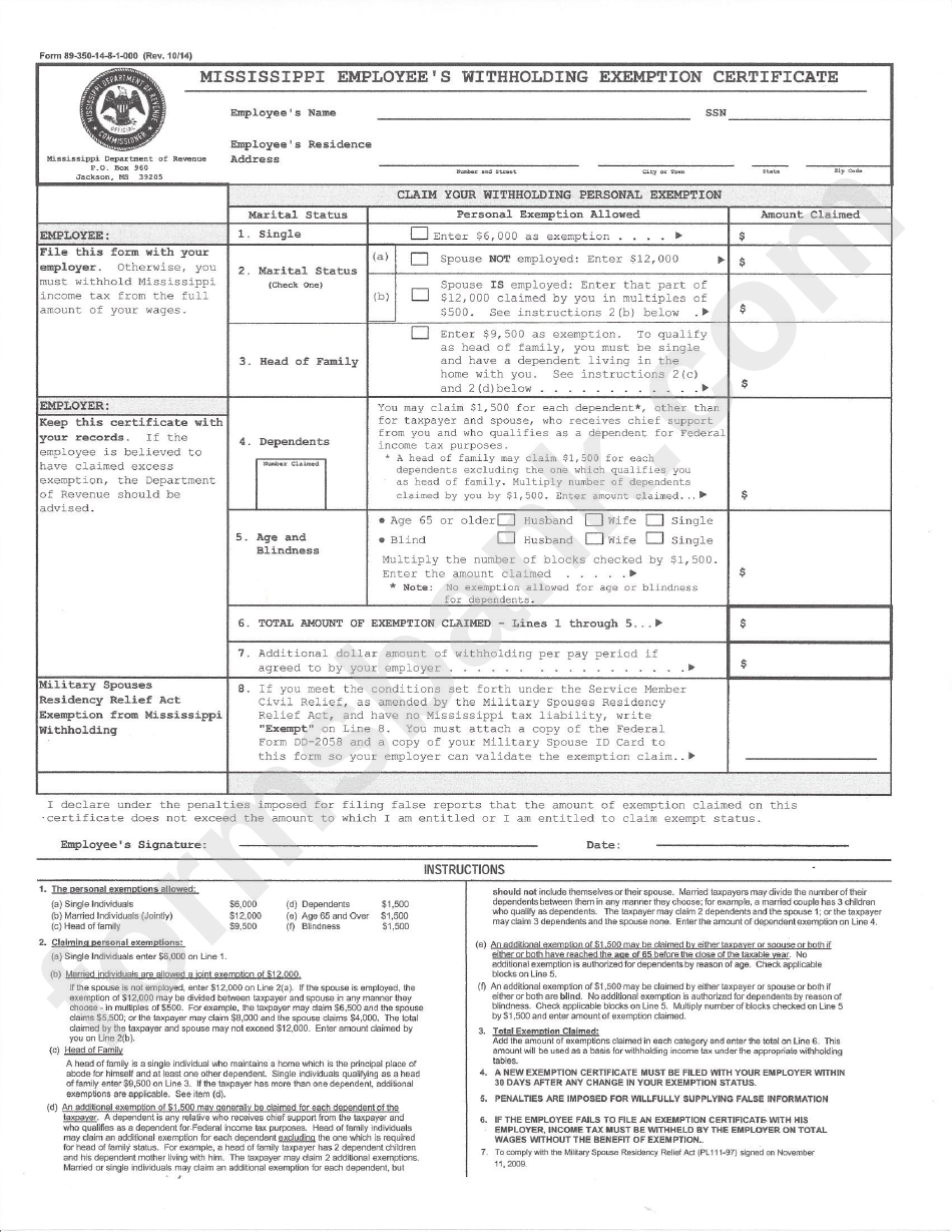 Form 89 350 14 8 1 000 Mississippi Employee #39 S Withholding Certificate