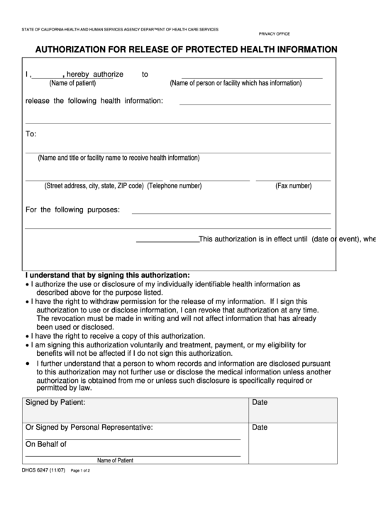 Fillable Form Dhcs 6247 - Authorization For Release Of Protected Health Information Printable pdf