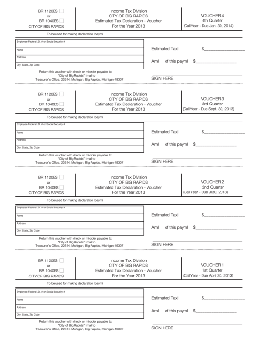 Estimated Tax Declaration Voucher - City Of Big Rapids - 2013 Printable pdf