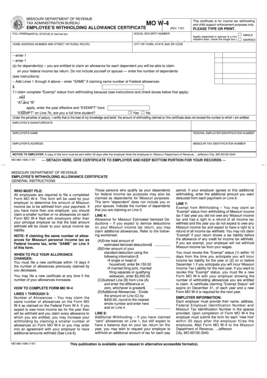 Fillable Form Mo W4 Employee'S Withholding Allowance Certificate