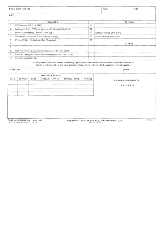 Fort Hood Form 1041 - Personal Readiness Folder Information - 2010 Printable pdf