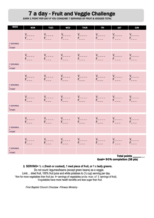 7 A Day - Fruit And Veggie Challenge Template Printable pdf