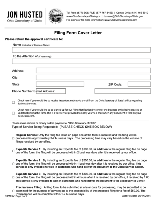 Fillable Form 521 - Filing Form Cover Letter Printable pdf