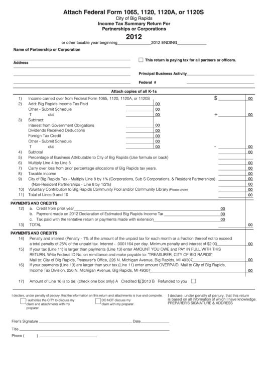 Income Tax Summary Return For Partnerships Or Corporations - City Of Big Rapids - 2012 Printable pdf