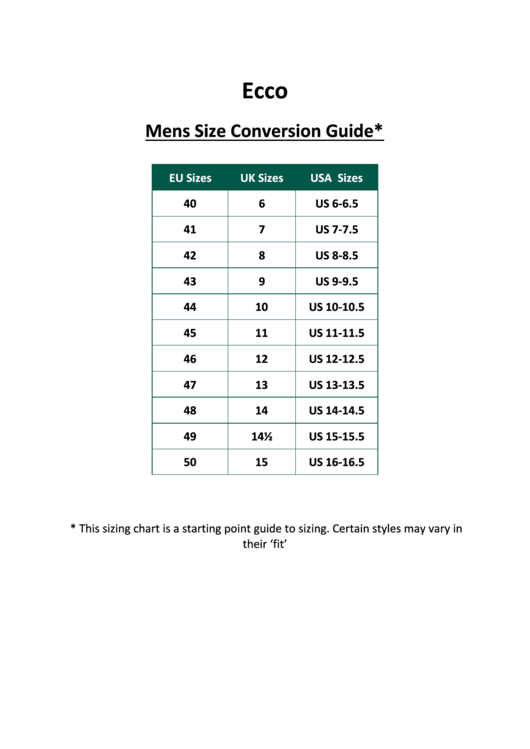 Ecco Mens Size Conversion Chart