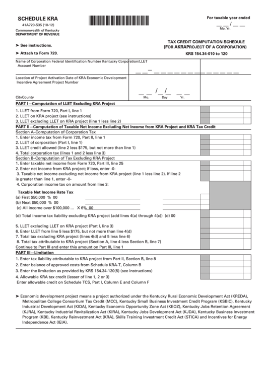 Form 41a720-S35 Schedule Kra - Tax Credit Computation Schedule - 2012 Printable pdf