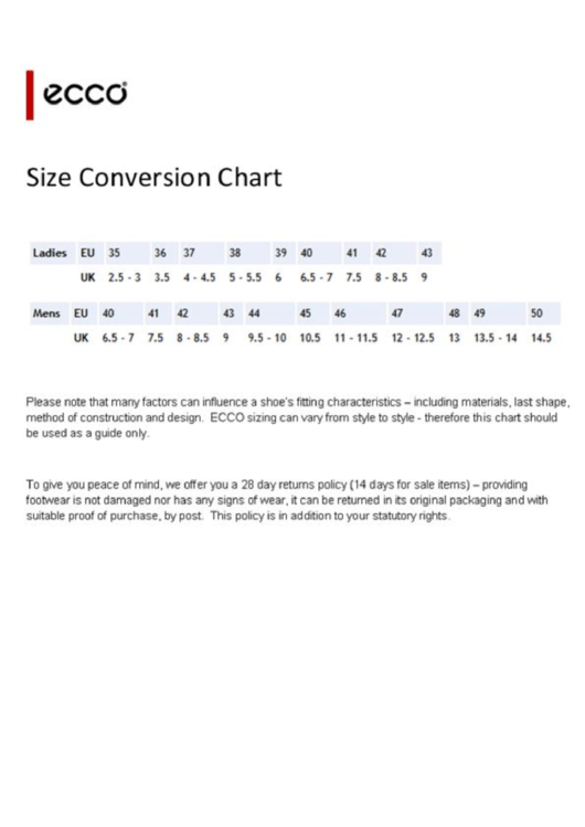 Ecco Size Conversion Chart Printable pdf
