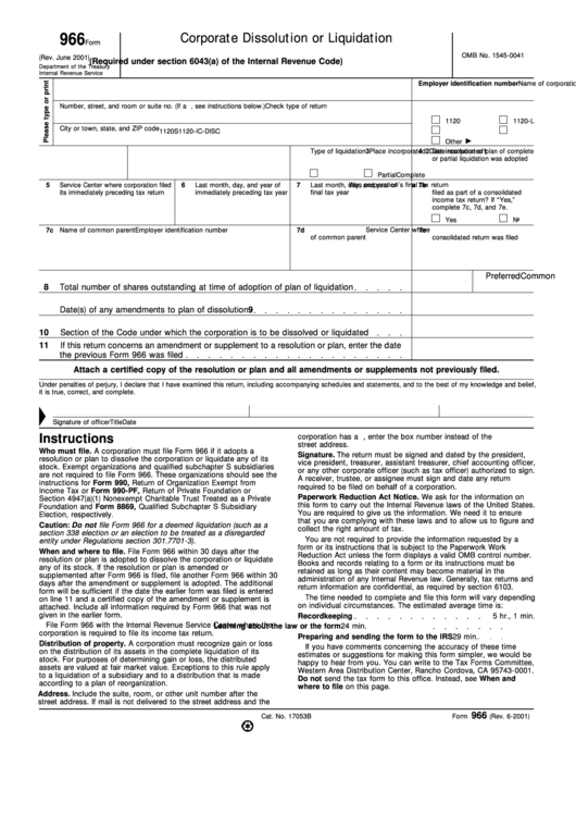 Form 966 - Corporate Dissolution Or Liquidation - Department Of The Treasury Printable pdf