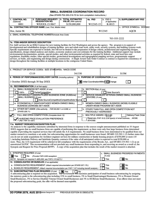 Dd Form 2579 - Small Business Coordination Record Sample Printable pdf
