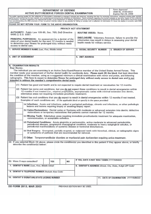 Dd Form 2813 - Department Of Defense Active Duty/reserve Forces Dental Examination Printable pdf