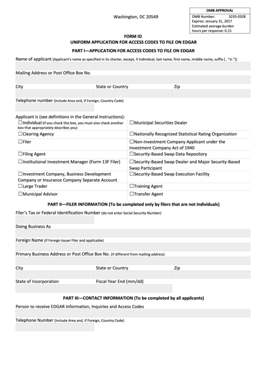 Fillable Form Id - Uniform Application For Access Codes To File On Edgar - U.s. Securities And Exchange Commission Printable pdf