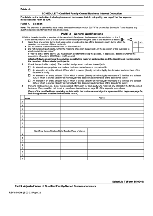 Form Rev 85 0046 - Schedule T - Qualified Family-Owned Business Interest Deduction - Washington Department Of Revenue Printable pdf