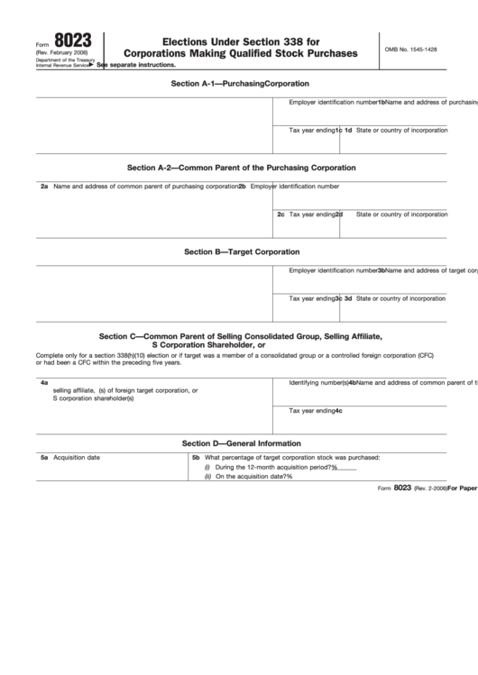Fillable Form 8023 - Elections Under Section 338 For Corporations Making Qualified Stock Purchases - Department Of The Treasury Printable pdf