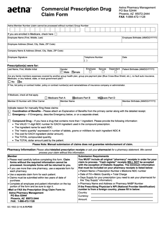 Fillable Form Gc-1652 - Commercial Prescription Drug Claim Form Printable pdf