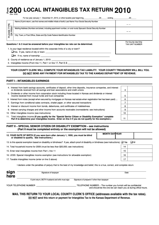 Form 200 - Local Intangibles Tax Return - 2010 printable pdf download