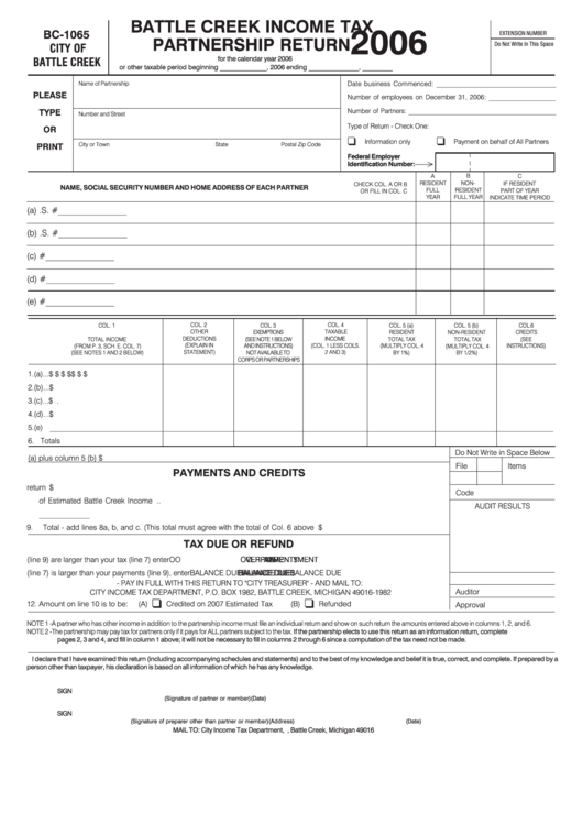 Form Bc-1065 - Battle Creek Income Tax Partnership Return - 2006 Printable pdf