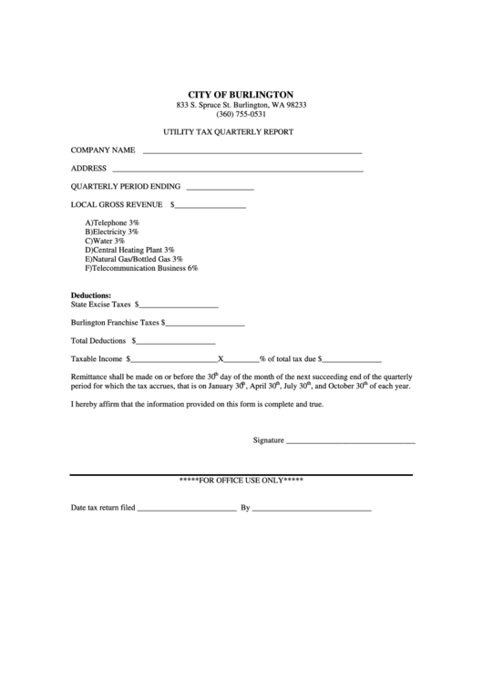 Utility Tax Quarterly Report Form - City Of Burlington - State Of Washington Printable pdf