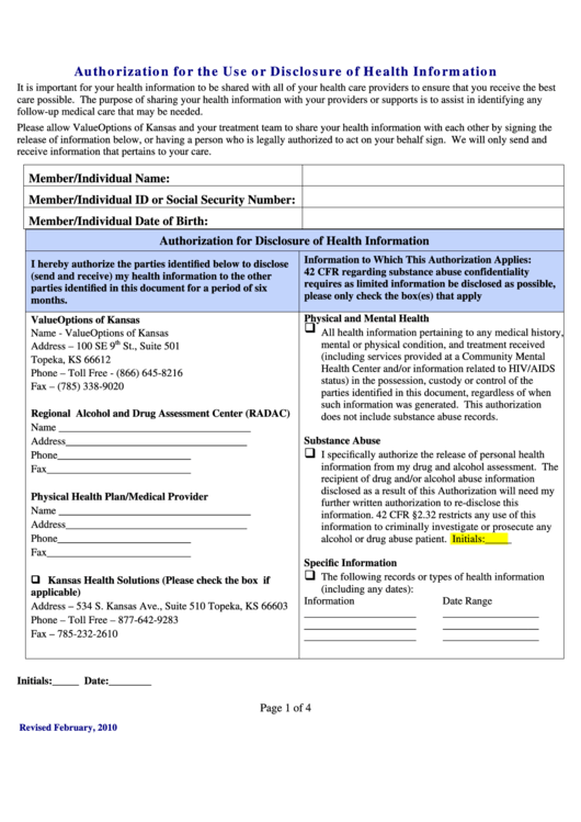 Authorization For The Use Or Disclosure Of Health Information Printable pdf