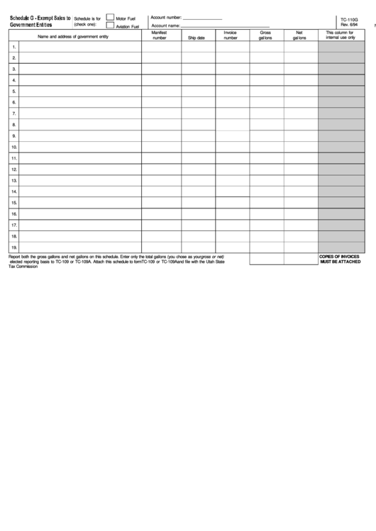 Fillable Form Tc-110g - Schedule G - Exempt Sales To Government Enfities Printable pdf