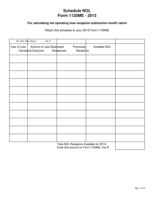 Form 1120me - Schedule Nol - 2013 Printable pdf