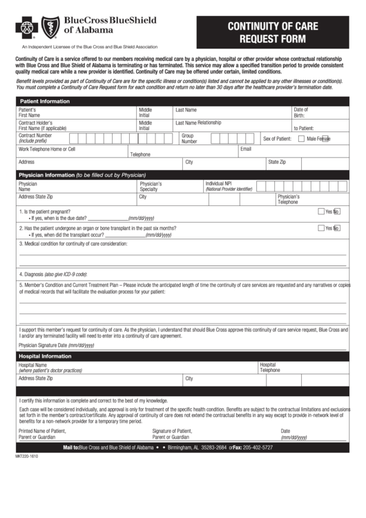 Form Mkt220 - Continuity Of Care Request Form - Bluecross Blueshield Of Alabama Printable pdf