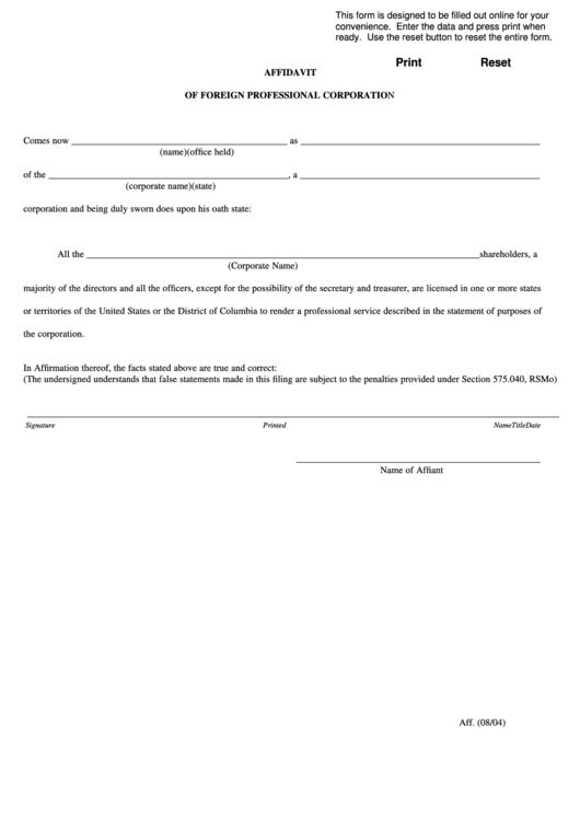 Fillable Affidavit Of Foreign Professional Corporation Form Printable pdf