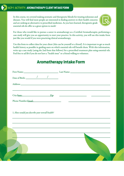 Fillable Aromatherapy Intake Form Printable pdf