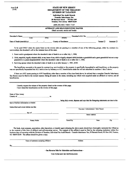 Form L-8 - Affidavit And Self-Executing Waiver Printable pdf