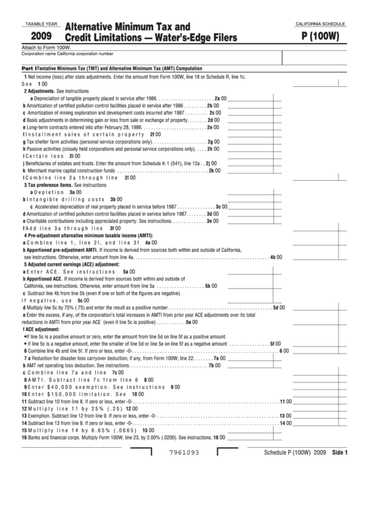 Fillable California Schedule P (100w) - Attach To Form 100w