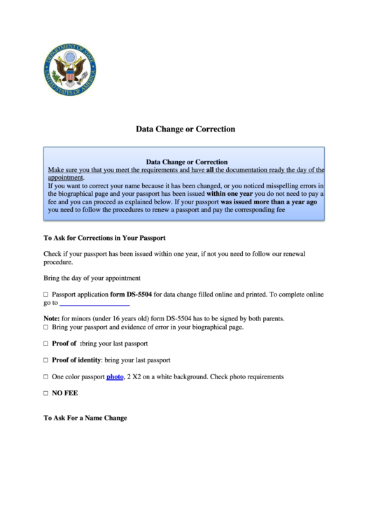 Data Change Or Correction Form - U.s. Embassy Guatemala City