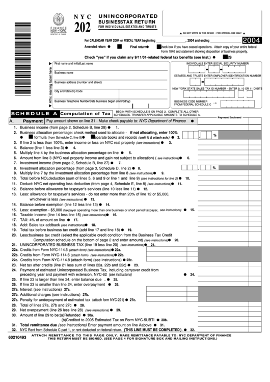 Fillable Form Nyc-202 - Unincorporated Business Tax Return For Individuals, Estates And Trusts - 2004 Printable pdf