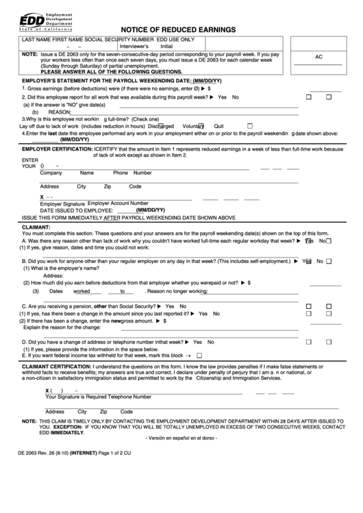 Fillable Form De 2063 - Notice Of Reduced Earnings Printable pdf
