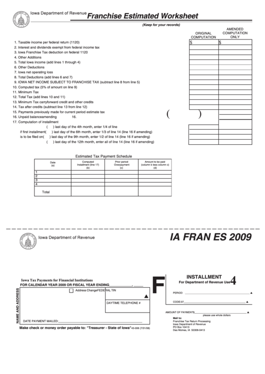 Form Ia Fran Es - Iowa Tax Payments For Financial Institutions - 2009 Printable pdf