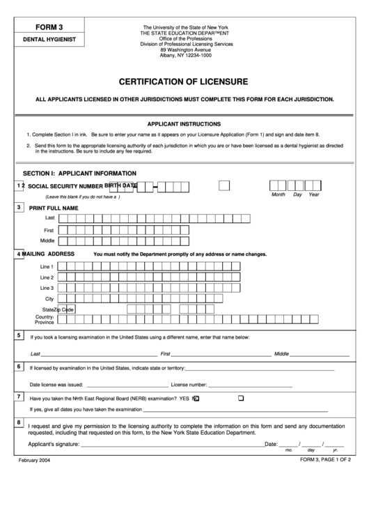 Dental Hygiene Form 3 - Certification Of Licensure - The State Education Department Printable pdf