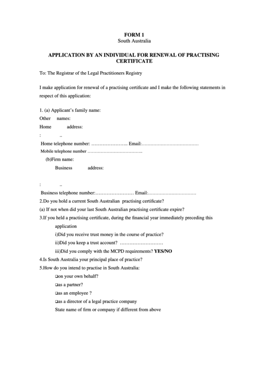 Form 1 - Application By An Individual For Renewal Of Practising Certificate Printable pdf
