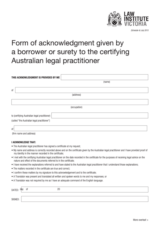 Fillable Form Of Acknowledgment Given By A Borrower Or Surety To The