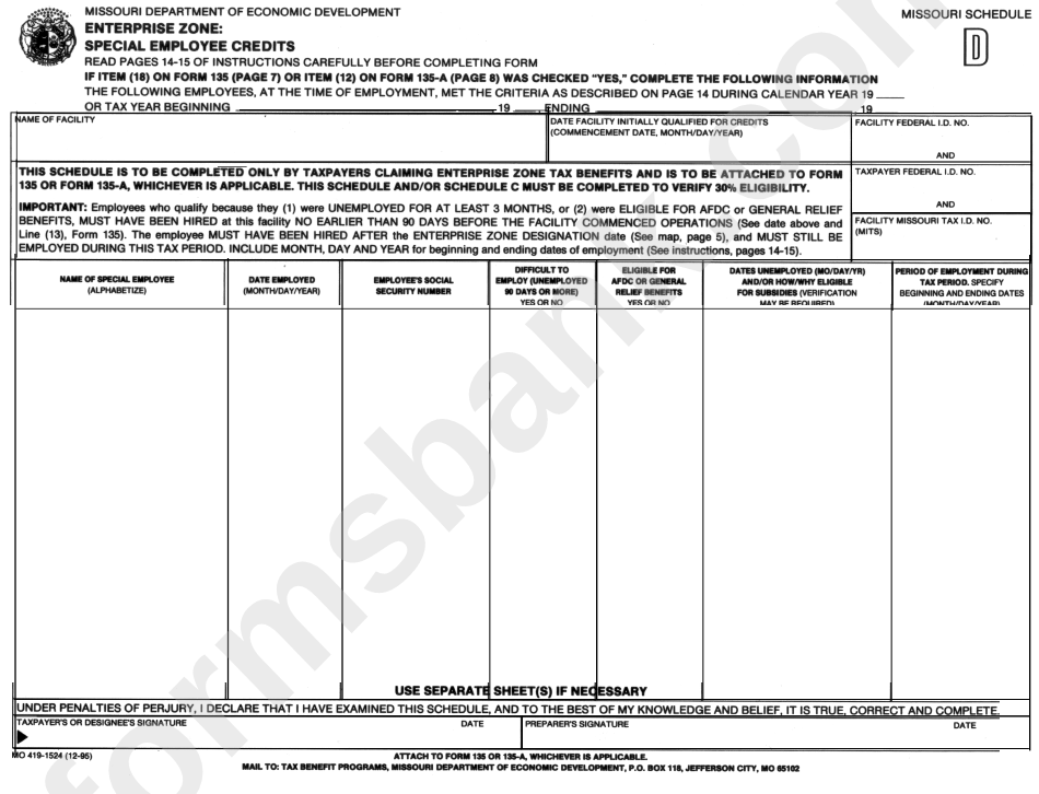 Form Mo 419-1524 - Enterprise Zone - Special Employee Credits