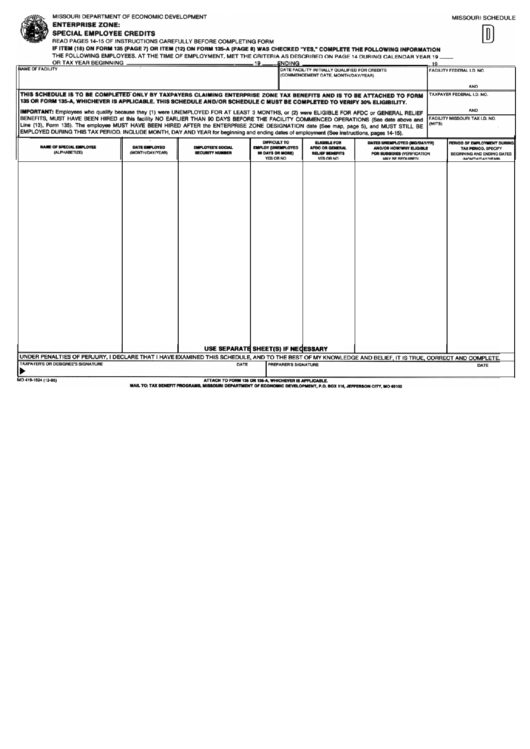 Form Mo 419-1524 - Enterprise Zone - Special Employee Credits Printable pdf