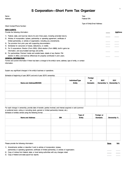 S Corporation-Short Form Tax Organizer Printable pdf